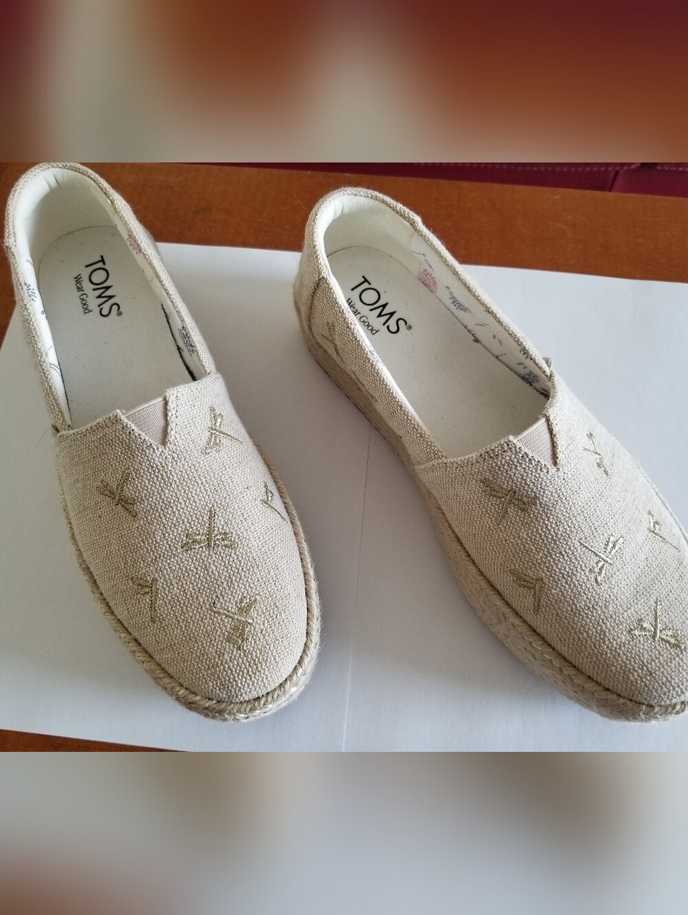 Toms Natural Canvas Slip-On Espadrilles with Subtle Dragonfly Embroidery